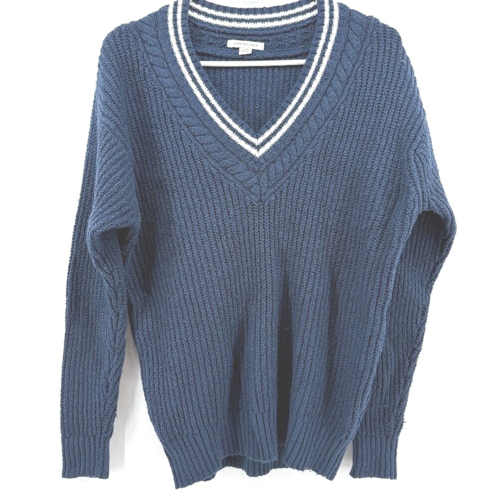 AE American Eagle 90s Y2K V-neck‎ sz Small navy blue preppy chunky knit sweater